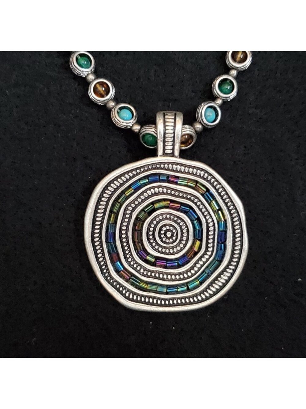 Vintage Beaded Pendant Necklace Silver Tone Multi Color Artsy Boho 35"